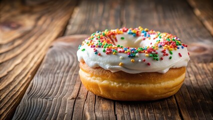 Wall Mural - A colorful donut with a generous dollop of whipped cream and sprinkles on top, placed on a rustic wooden table , bakery