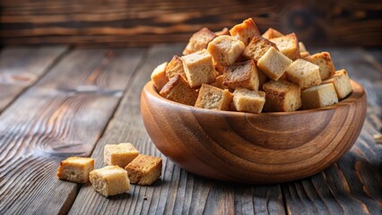 Wall Mural - Bread croutons in a wooden bowl , crispy, food, snack, crunchy, salad, ingredient, homemade, rustic, texture, cubes, meal