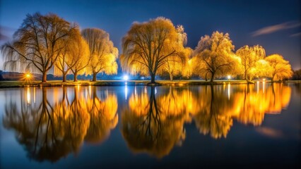 Wall Mural - Illuminated willow trees reflected in calm lake at night , nature, serene, peaceful, water, reflections, tranquil, night