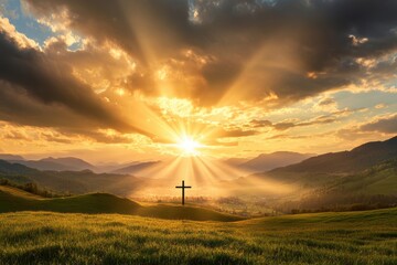 Wall Mural - A beautifully serene landscape at dawn, showcasing a prominent cross in silhouette against a breathtaking sunrise, which symbolizes hope and renewal during the joyous Easter celebration