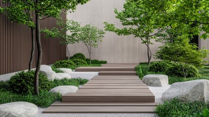 Poster - Serene Minimalist Garden Pathway with Wooden Steps and Lush Greenery