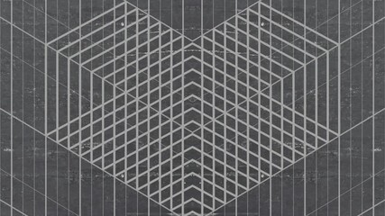 Fototapete - Digital seamless loop animation of the transformation of a symmetrical pattern of rectangles on a dark scratched background. Optical illusion. Isometric composition. 3d rendering 4K