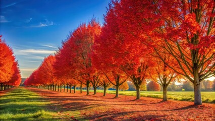 Wall Mural - Red autumn foliage glows in a row of trees on a sunny fall day in the countryside, autumn, foliage, red, trees, country lane