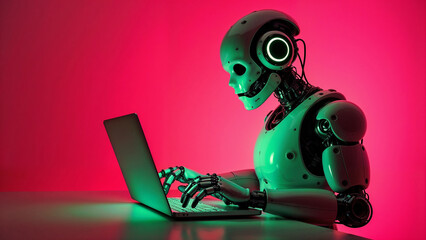 artificial intelligence robot using laptop neon red light futuristic technology 3d illustration banner