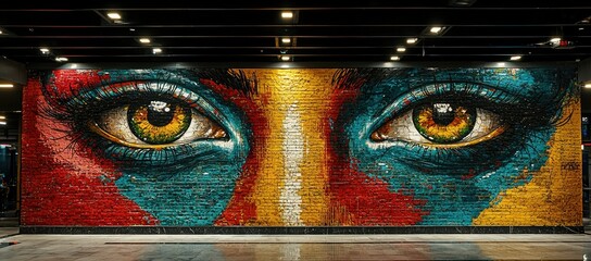 Wall Mural - A vibrant mural featuring large, expressive eyes with colorful paint.