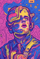  A colorful painting of a man with a tie and a guitar. The painting is abstract and has a lot of different colors. The man's face is covered in paint, giving him a unique and artistic appearance