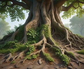 Wall Mural - old tree with overgrown ivy branches and tree roots exposed, natural, rustic, plant