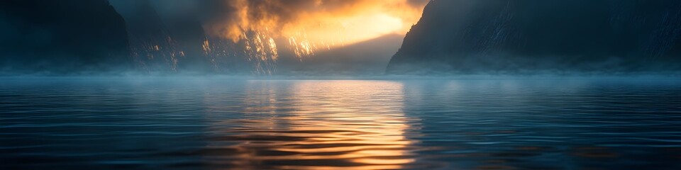 Poster - A panoramic view of Milford Sound at sunrise. with Mitre Peak glowing in golden light and reflections shimmering on calm waters. in 4K resolution