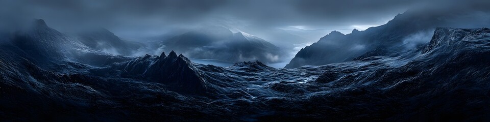 Poster - Panoramic view of the icy fjord below Trolltunga. with jagged cliffs glowing under the soft light of dawn. in 4K resolution