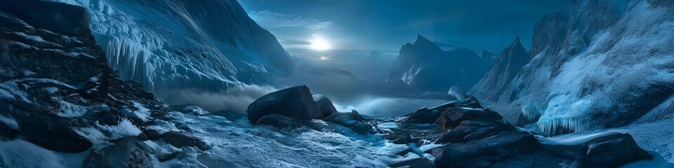 Poster - Panoramic view of the icy fjord below Trolltunga. with jagged cliffs glowing under the soft light of dawn. in 4K resolution