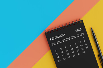 Fototapete - Black Flip Monthly February 2025 Business Calendar with Black Pen. 3d Rendering
