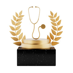 Winner Award Cube Gold Laurel Wreath Podium, Stage or Pedestal with Golden Medical Stethoscope. 3d Rendering