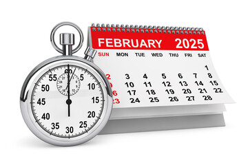 Poster - 2025 Year February Calendar with Stopwatch. 3d rendering