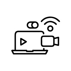 Wall Mural - online broadcast, web webinar, video meeting, outline icon. line sign laptop with video streaming sy