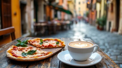 Italy vacations. Slices of pizza and a cup of espresso coffee with a picturesque Italian street in the backdrop.