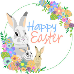 Wall Mural - cute rabbits in a round frame made of flowers and eggs. happy easter. postcard . pastel colors