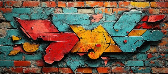 Wall Mural - Colorful abstract mural on a brick wall, showcasing vibrant geometric shapes and textures.