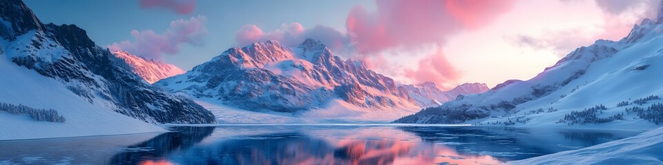 Poster - Panoramic view of the Bow Glacier cascading into Bow Lake. with vibrant reflections and snow-dusted peaks glowing under soft light. in 4K resolution
