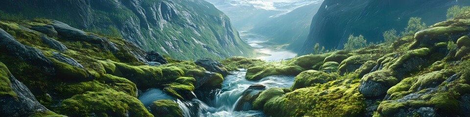Poster - Panoramic view of cascading streams leading towards Trolltunga. with vibrant green moss and jagged rocks glowing under soft light. in 4K resolution