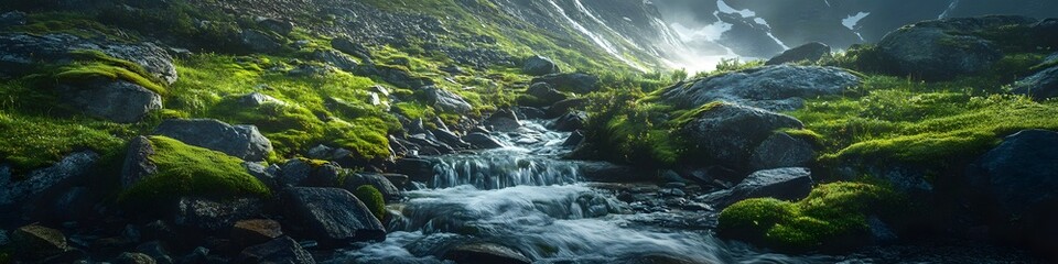 Poster - Panoramic view of cascading streams leading towards Trolltunga. with vibrant green moss and jagged rocks glowing under soft light. in 4K resolution