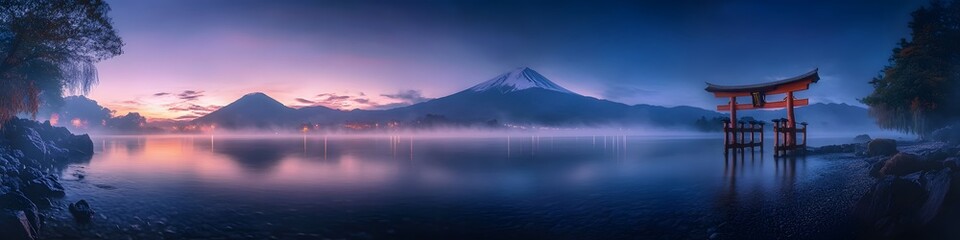 Aufkleber - Panoramic view of a traditional Japanese torii gate standing in the waters of Lake Kawaguchi with Mount Fuji in the background. glowing under the soft light of dawn. in 4K resolution