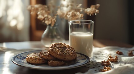 A glass of milk and cookies on a wooden table. Selective focus