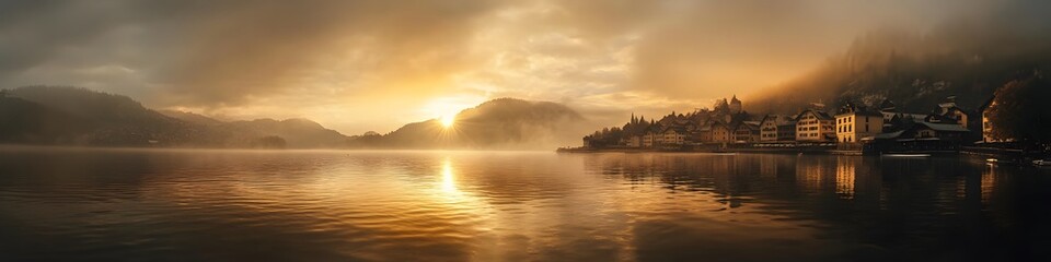 Poster - A panoramic view of Hallstatt at sunrise. with golden light illuminating the charming alpine village and its reflection shimmering on the lake. in 4K resolution