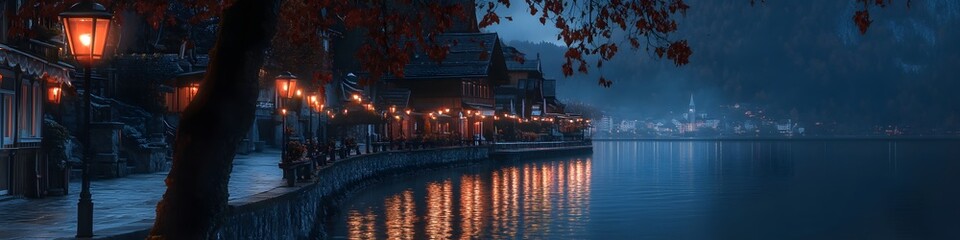 Poster - Panoramic view of Hallstatts lakeside promenade glowing under lantern light at twilight. with vibrant reflections on the water. in 4K resolution
