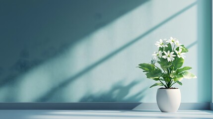 Wall Mural - White Flowers in Pot Against Teal Wall