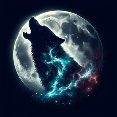  : A wolf howling against a bright full moon merges its image with a dense night forest. The mystical atmosphere is heightened by the blue glow, symbolizing the bond between nature and mystery.
