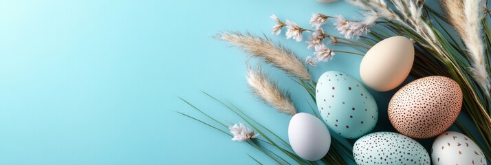 Wall Mural - Easter eggs, which are beautifully decorated in a variety of pastel colors and intricate designs, rest gracefully among dried flowers and lush green foliage against a calm, soft blue background