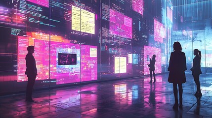 Silhouetted figures observe a vibrant, futuristic data wall displaying colorful digital information at night.
