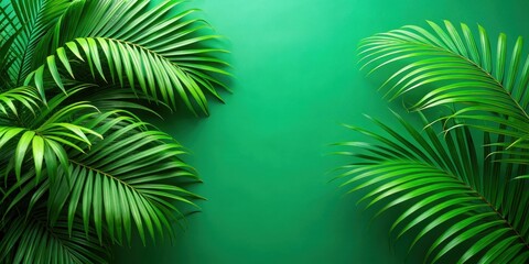 Wall Mural - Green palm leaves on a bright green wall background, tropical, vibrant, nature, foliage, exotic, plant, lush, botanical, greenery