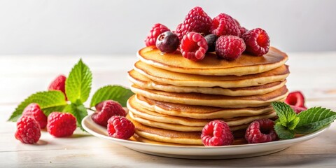 Wall Mural - Delicious raspberry pancakes isolated on background, pancakes, raspberry, breakfast, delicious, sweet, syrup, homemade