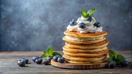 Wall Mural - Delicious tower of fluffy blueberry pancakes with whipped cream and mint, blueberry, pancakes, stack, fluffy, delicious