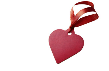 Wall Mural - Red heart-shaped tag with a ribbon on a plain white background