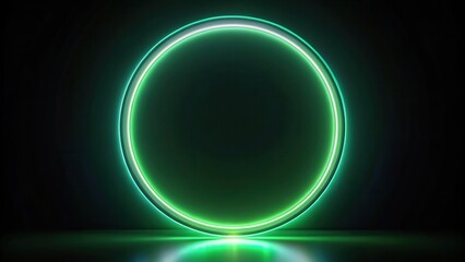 Wall Mural - Futuristic realistic frosted glass round frame with green neon light on black background, technology, futuristic