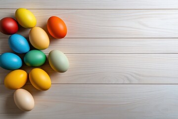 Wall Mural - A beautiful and colorful assortment of Easter eggs is meticulously arranged on a rustic wooden surface, symbolizing the joyous celebration of Easter traditions that have been cherished by many