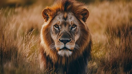 Wall Mural - majestic african lion in savanna grassland