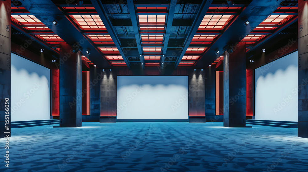 Modern exhibition stage with large blank screens, blue carpeted floor ...