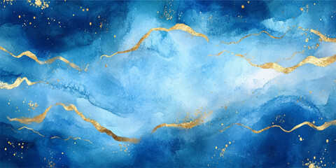 Wall Mural - abstract blue watercolor background with golden lines, vector illustration, white space in the cente
