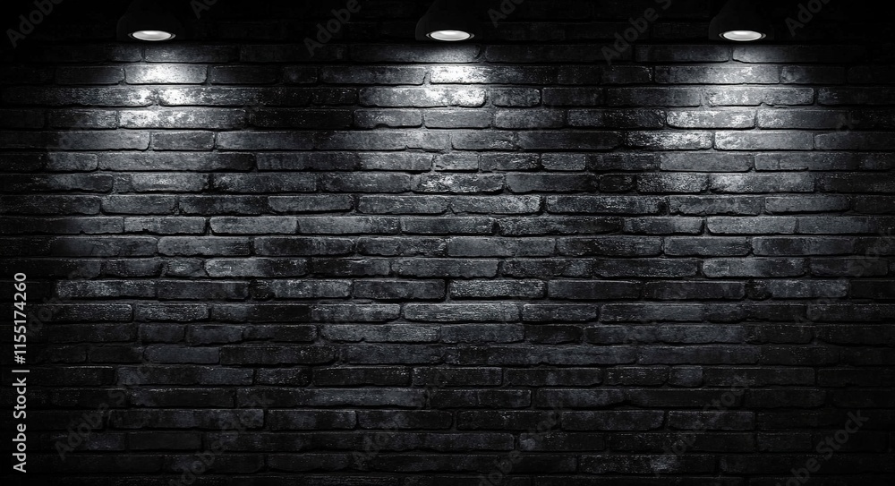 Black brick wall background with three spotlights, a black room, and a ...