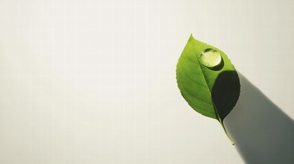 Poster - Glistening water droplet resting on a vibrant green leaf in serene natural setting. Generative AI