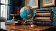 © Ruslan Gilmanshin - globe surrounded by antique books on a wooden table in a sunlit room, symbolizing knowledge, exploration, and the beauty of history and geograph