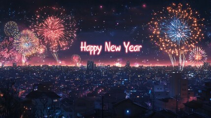 Festive city skyline at night with fireworks exploding and Happy New Year message.
