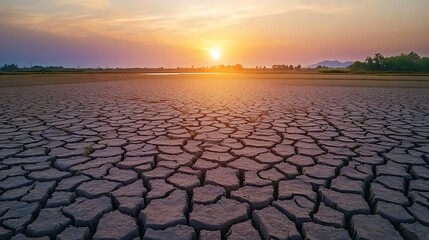 Sunset over a parched cracked land, symbolizing drought and the impact of climate change.