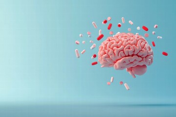 Aufkleber - Model of a human brain surrounded by various pills representing health and mental wellness concepts. Generative AI