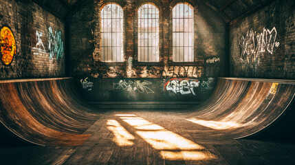 Indoor skate park interior in abandoned gothic style building