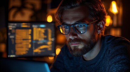Focused software developer working late at night on computer code