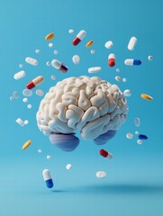 Aufkleber - 3D model of a human brain surrounded by various colorful pills for medical and educational visualization. Generative AI
